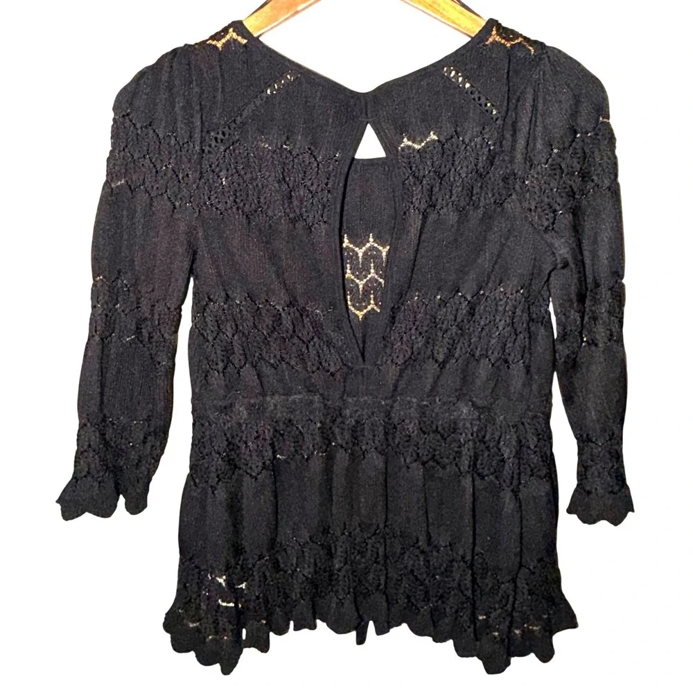 Free‎ People Black Pointelle Knit Peplum Top XS Tie Waist Boho Cottagcore Fairy